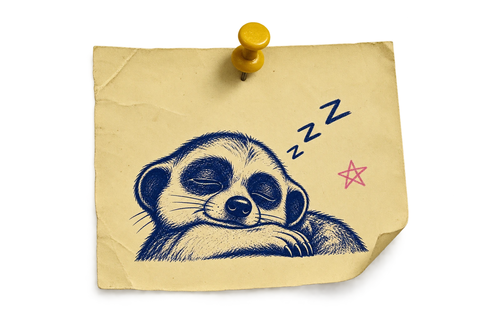 A pinned post-it showing a sleeping Blue Kat